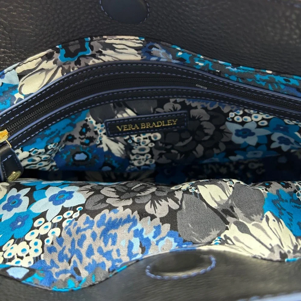 Vera Bradley Satchel Bag Womens Large Black Blue Excellent Leather‎ Crossbody